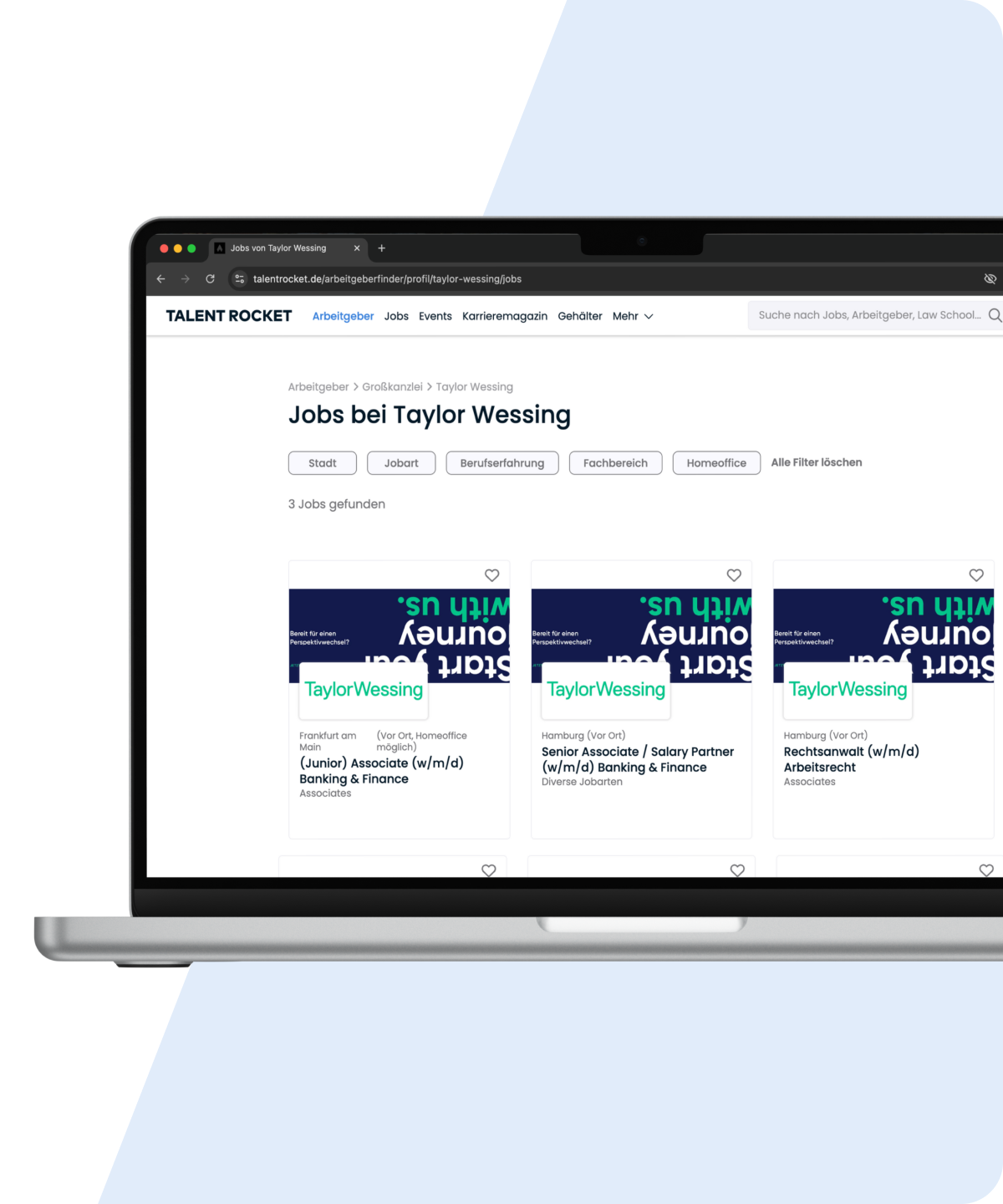 Ausschnitt der Talent Rocket Webseite mit mehreren Jobs eines juristischen Arbeitgebers